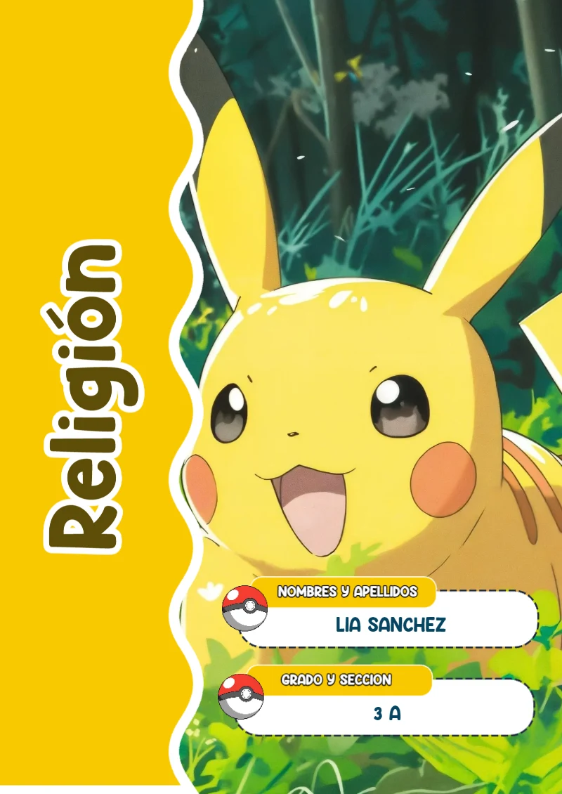 Portada de Pokemon Religión para cuaderno lista para imprimir en A4 - con colores vivos y llamativos