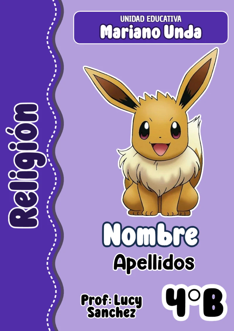 Portada de Pokemon Religión para cuaderno lista para imprimir en A4 - ideal para el nuevo año escolar