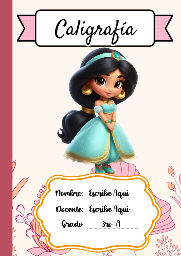 Portada de Princesas de Caligrafía para cuaderno bonita para imprimir - versión premium para imprimir