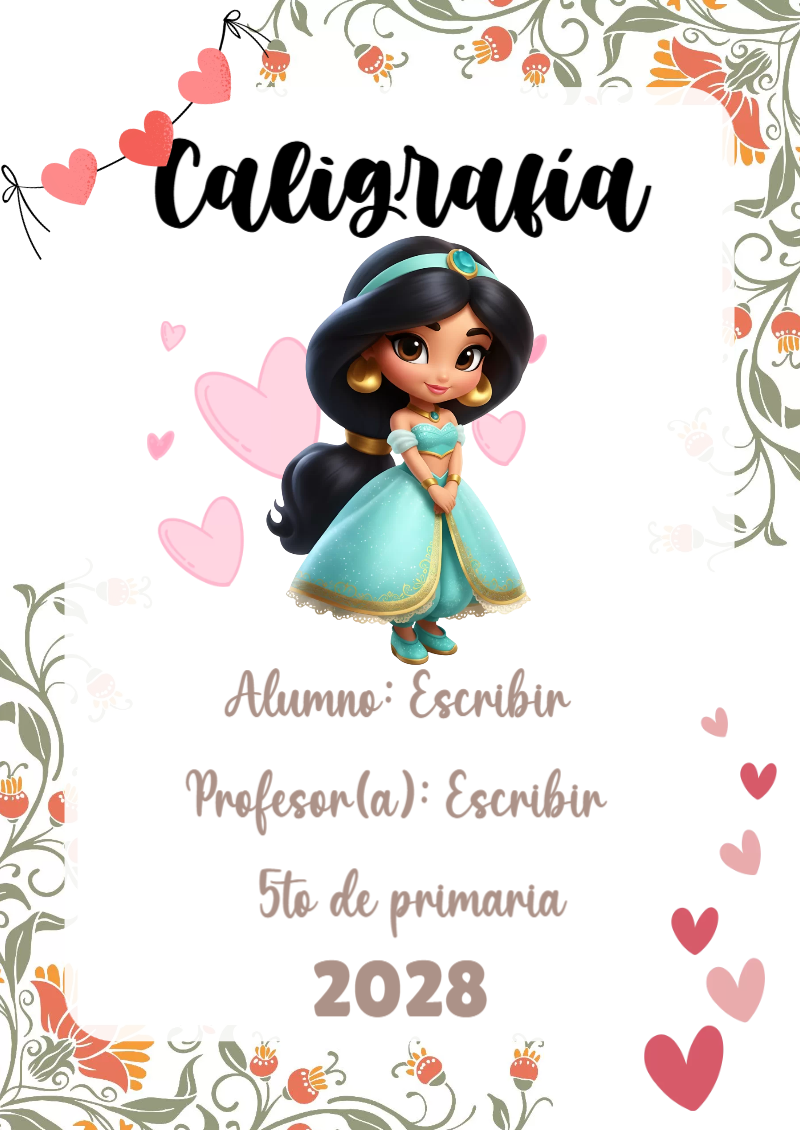Portada de Princesas de Caligrafía Editable para Imprimir Gratis