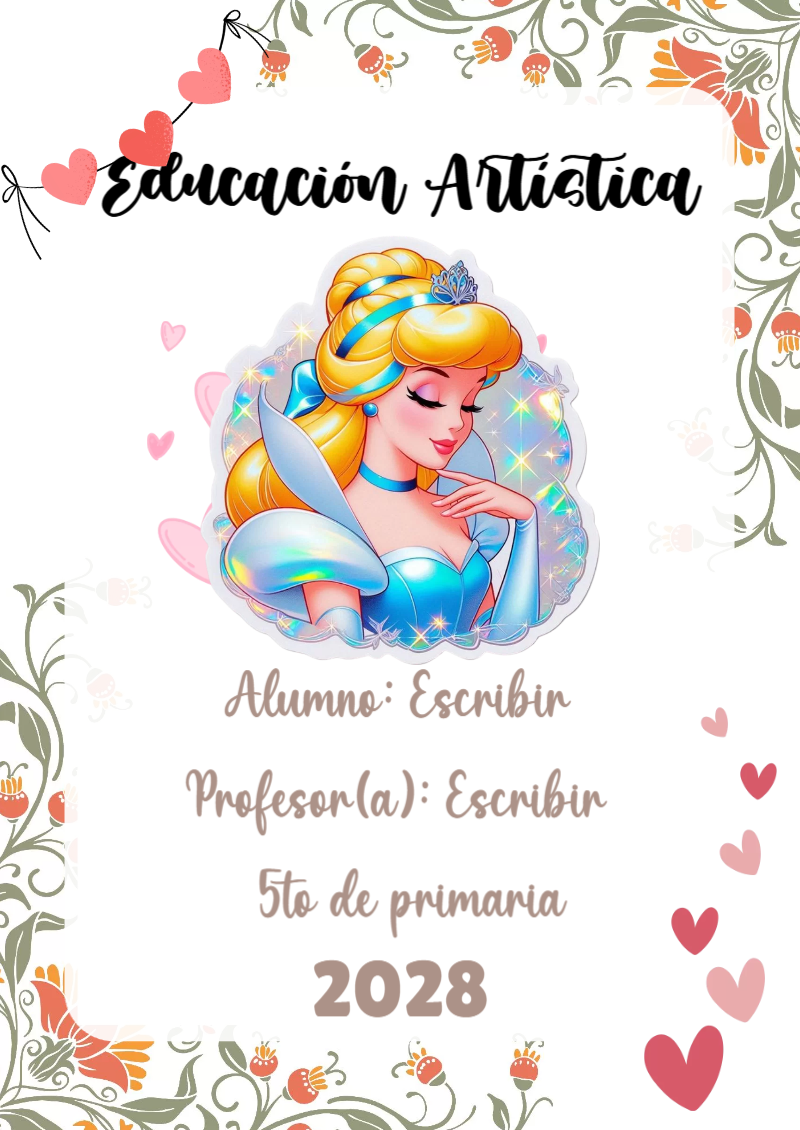 Portada de Princesas de Educación Artística para cuaderno llamativa y bonita - diseño exclusivo y original