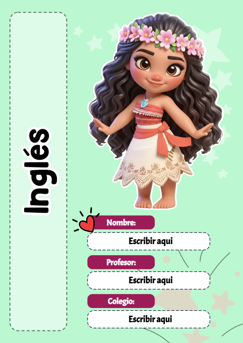 Portada de Princesas de Inglés para cuaderno con diseño escolar - formato digital listo para usar