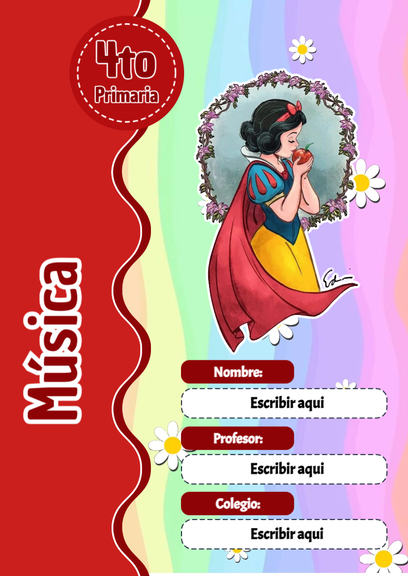 Portada de Princesas de Música para cuaderno lista para imprimir en A4 - ideal para cuadernos de espiral