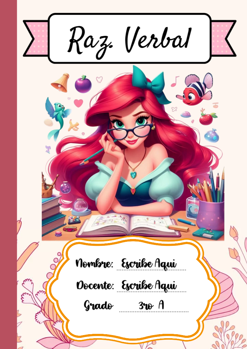 Portada de Princesas de Raz. Verbal para cuaderno en formato A4 - disponible para descarga gratuita