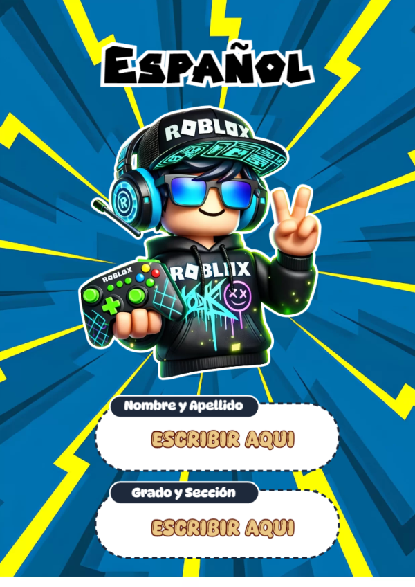Portada de Roblox de Español para cuaderno en tamaño A4 - diseño escolar moderno
