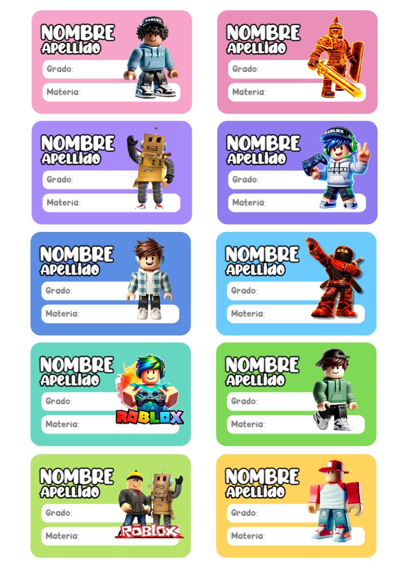 Etiquetas escolares de Roblox Escolares listas para recortar - diseño escolar moderno