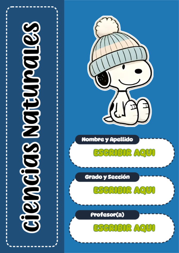Portada de Snoopy de Ciencias Naturales para cuaderno en formato A4 - diseño exclusivo y original