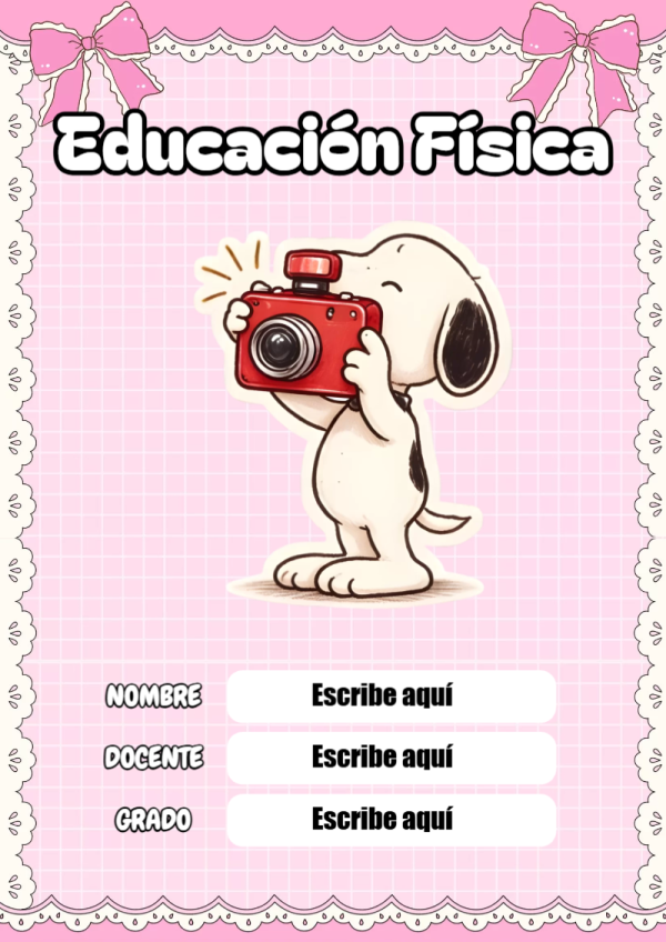 Portada de Snoopy de Educación Física para cuaderno escolar creativa - diseño escolar moderno