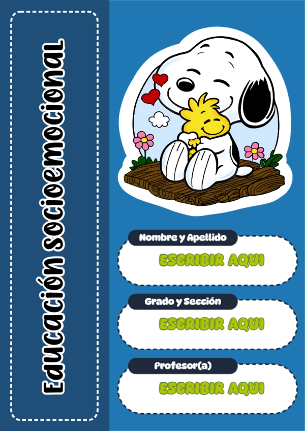 Portada de Snoopy de Educación Socioemocional para cuaderno lista para imprimir en A4 - para personalizar tus materias