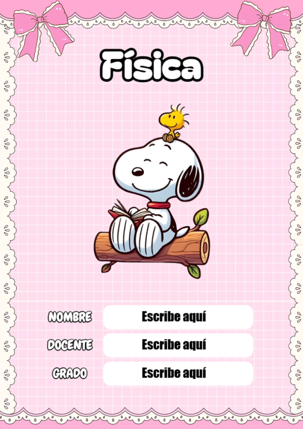 Portada de Snoopy de Física para cuaderno ideal para niños - diseño escolar moderno