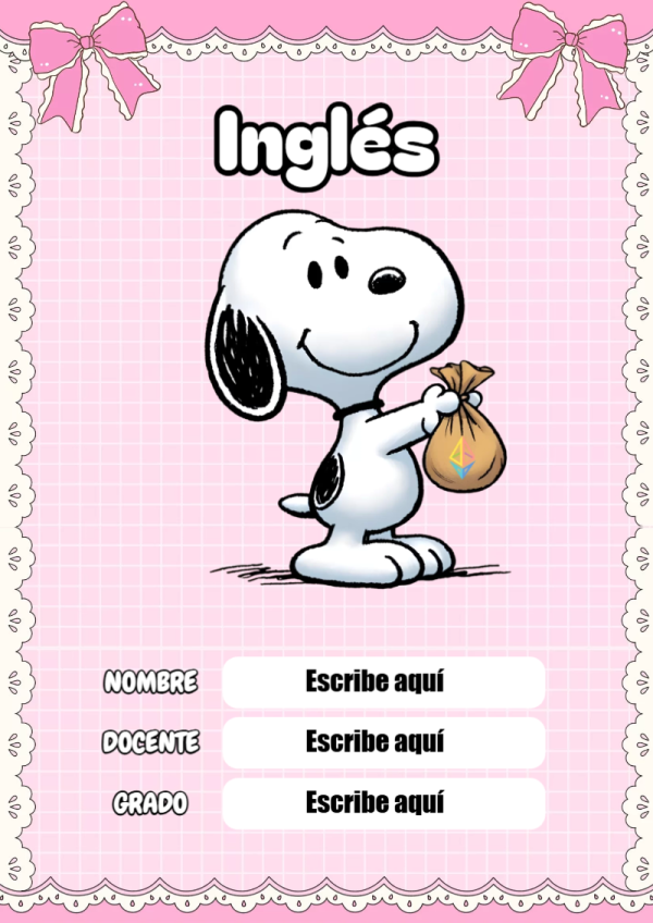 Portada de Snoopy de Inglés para cuaderno escolar creativa - para el regreso a clases