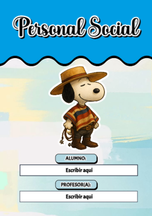 Portada de Snoopy de Personal Social para cuaderno con diseño escolar - disponible para descarga gratuita