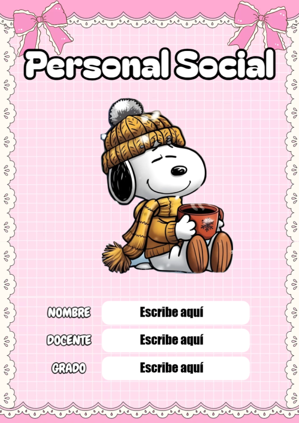 Portada de Snoopy de Personal Social para cuaderno ideal para niños - diseño escolar moderno