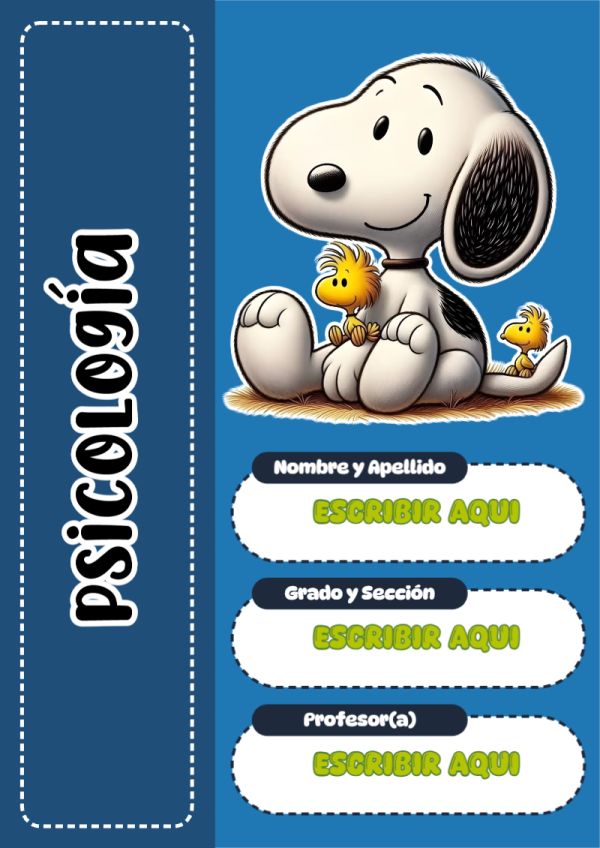 Portada de Snoopy de Psicología para cuaderno colorida y creativa - para personalizar tus materias