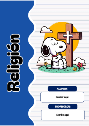 Portada de Snoopy de Religion para cuaderno bonita para imprimir - disponible para descarga gratuita
