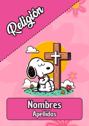 Portada de Snoopy de Religión para cuaderno decorativa y bonita - formato digital listo para usar