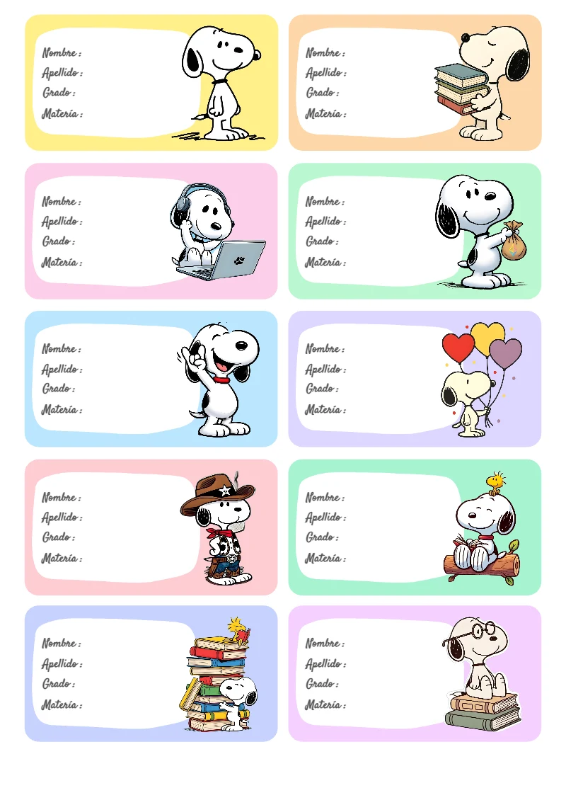 Etiquetas escolares de Snoopy bonitas para imprimir - perfecto para organizar tus apuntes