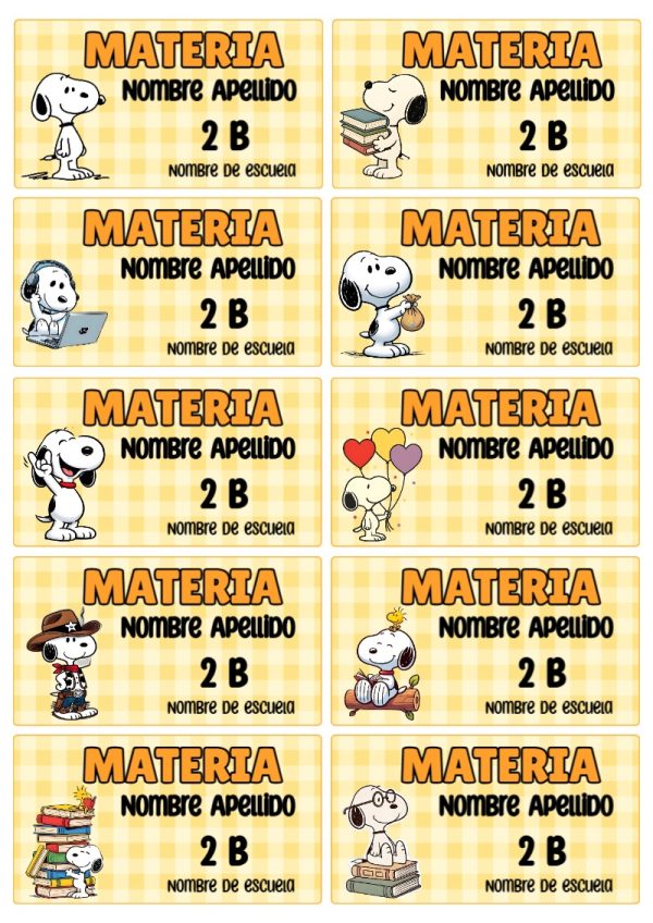 Etiquetas de Snoopy para cuadernos y útiles escolares - para personalizar tus materias
