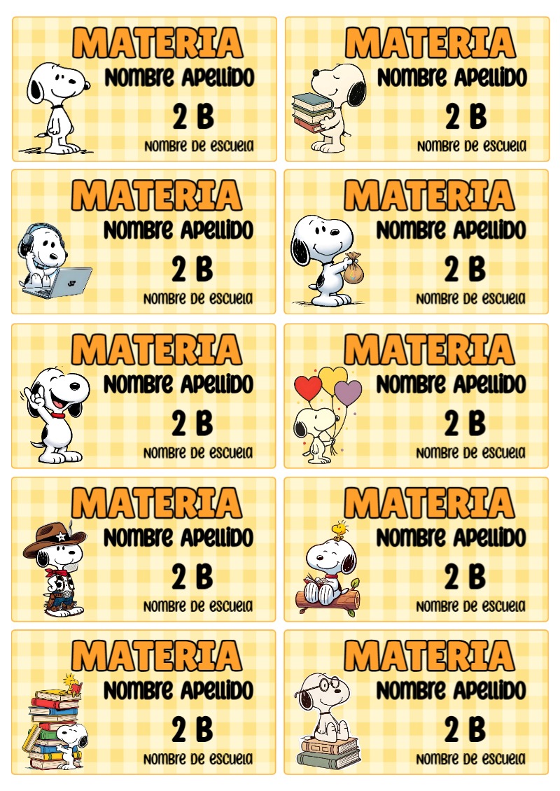 Etiquetas Escolares de Snoopy para Imprimir y Editar Gratis