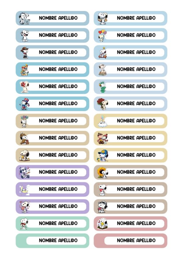 Etiquetas de Snoopy para primaria y preescolar - formato digital listo para usar