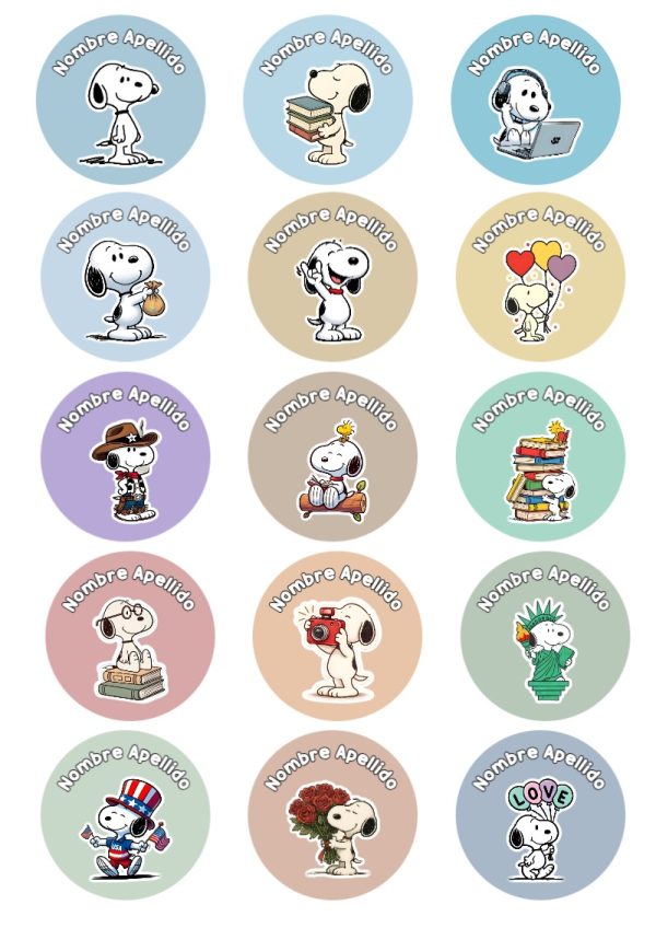 Etiquetas personalizadas de Snoopy para imprimir en A4 - ideal para cuadernos de espiral