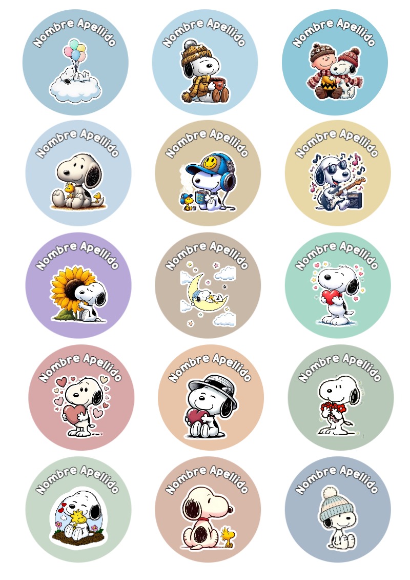 Etiquetas escolares de Snoopy listas para recortar - con colores vivos y llamativos