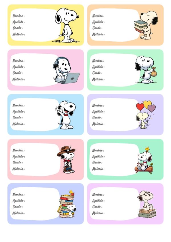 Etiquetas personalizadas de Snoopy Perrito para imprimir en A4 - para el regreso a clases