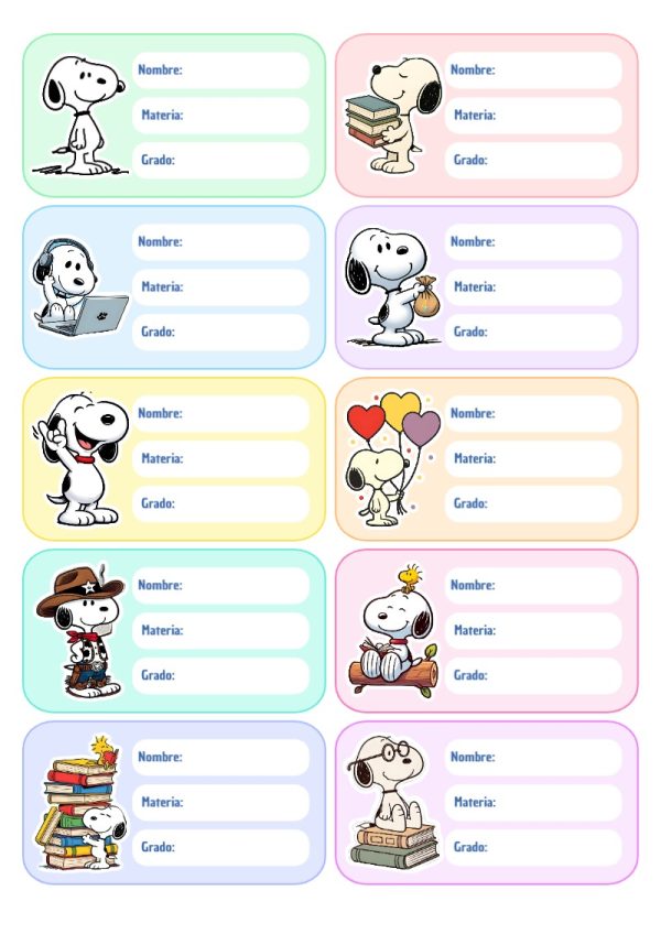 Etiquetas de Snoopy Perrito para primaria y preescolar - para todas las edades y grados