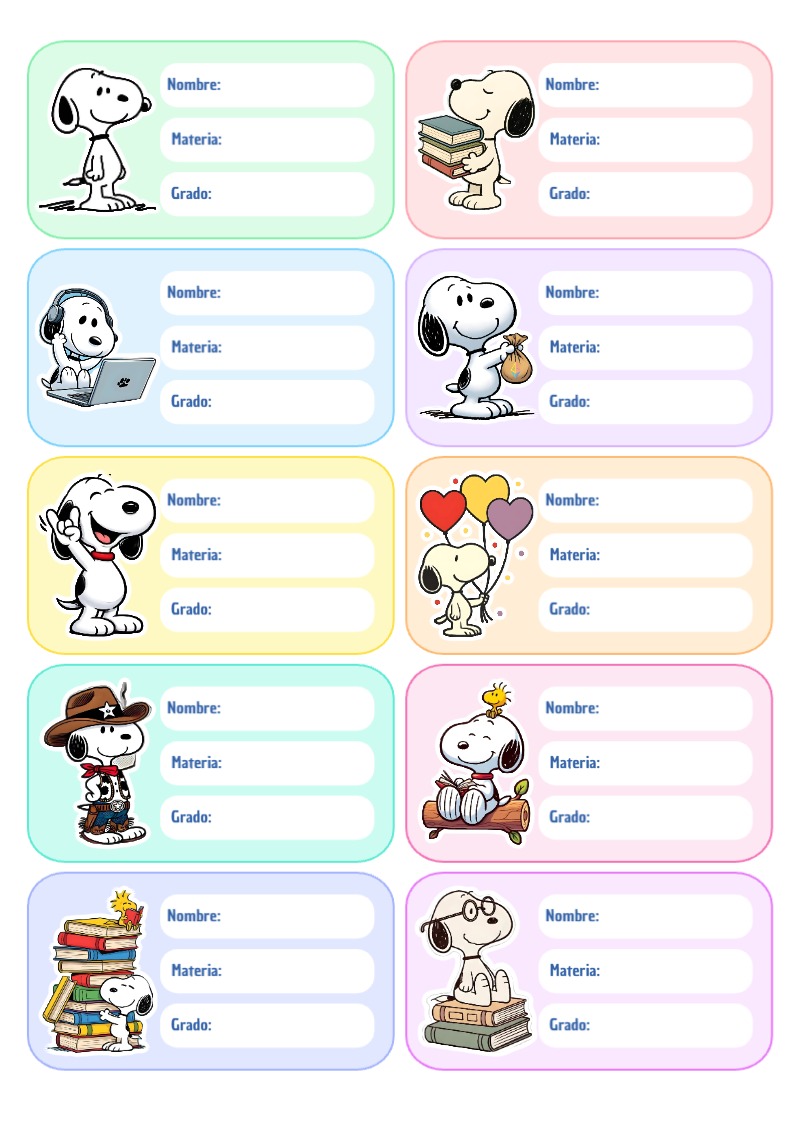 Etiquetas Escolares de Snoopy Bonitas para Imprimir Gratis