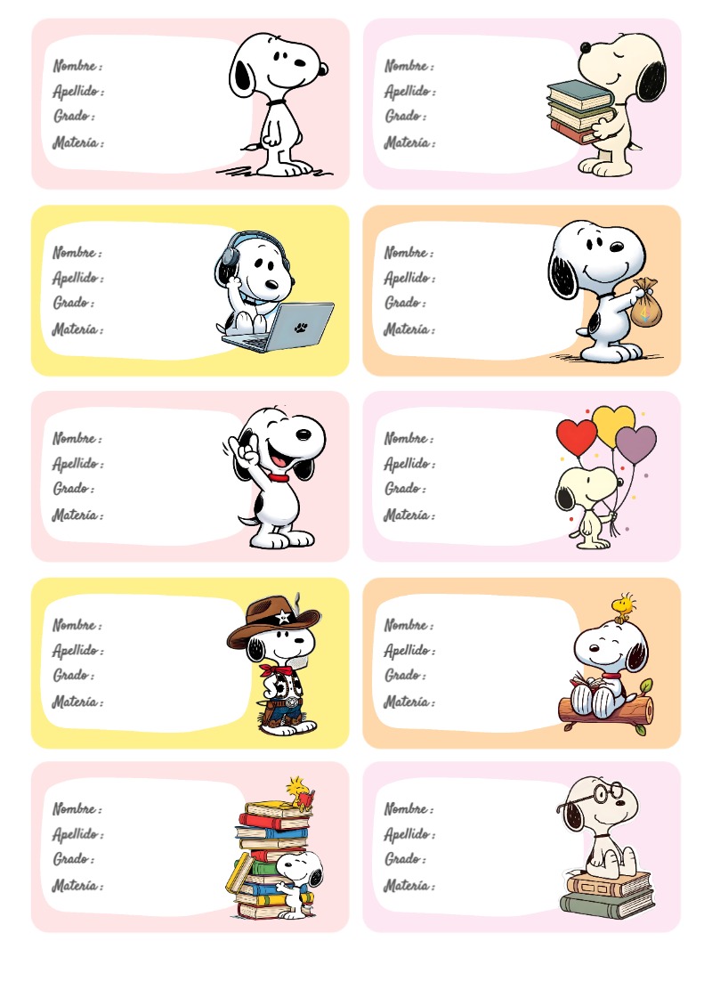 Etiquetas Escolares de Snoopy Bonitas para Imprimir Gratis