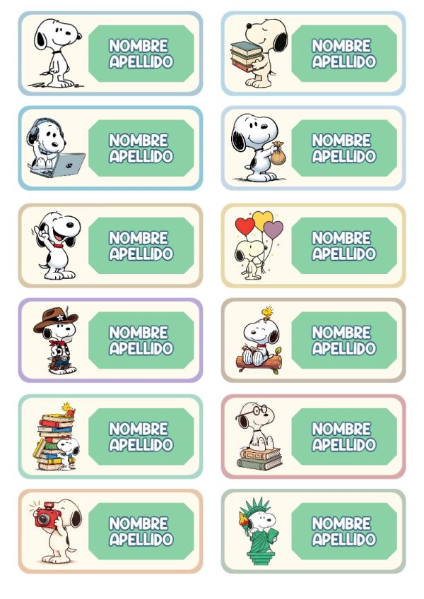 Etiquetas personalizadas de Snoopy Perrito para imprimir en A4 - diseño escolar moderno