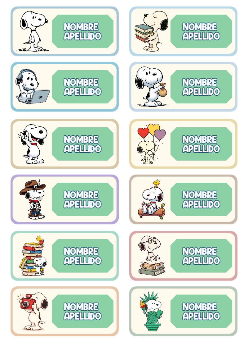 Etiquetas personalizadas de Snoopy Perrito para imprimir en A4 - diseño escolar moderno