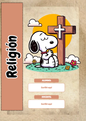 Portada de Snoopy - Snoopy - RELIGION para cuaderno escolar creativa - para el regreso a clases