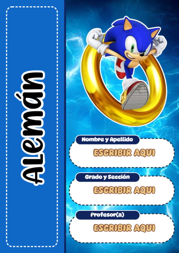 Portada de Sonic de Alemán para cuaderno con estilo infantil - para todas las edades y grados