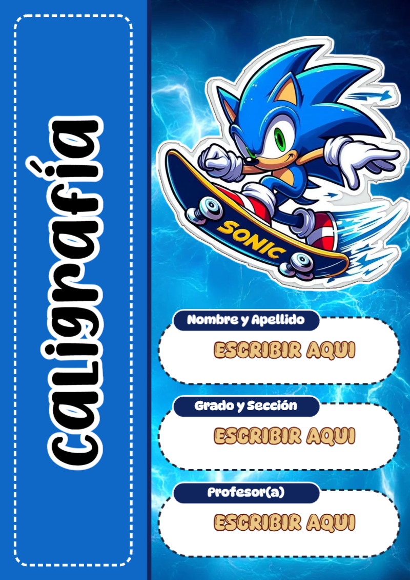 Portada de Sonic de Caligrafía Editable para Imprimir Gratis