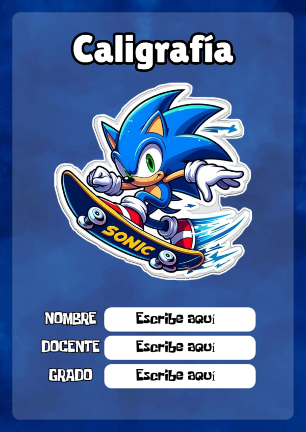 Portada de Sonic de Caligrafía para cuaderno con estilo infantil - ideal para cuadernos de espiral