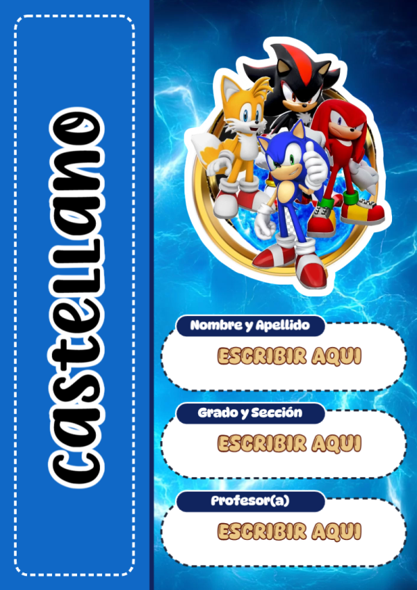 Portada de Sonic de Castellano para cuaderno colorida y creativa - diseño exclusivo y original