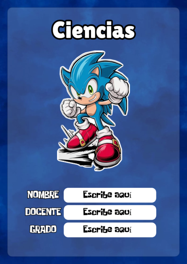 Portada de Sonic de Ciencias para cuaderno con estilo infantil - para personalizar tus materias