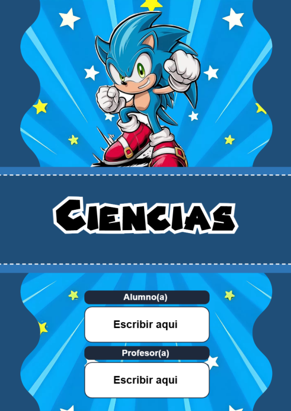 Portada de Sonic de Ciencias para cuaderno lista para imprimir en A4 - para todas las edades y grados