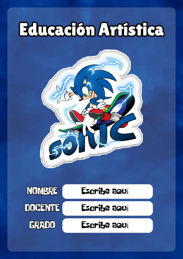 Portada de Sonic de Educación Artística para cuaderno colorida y creativa - formato digital listo para usar