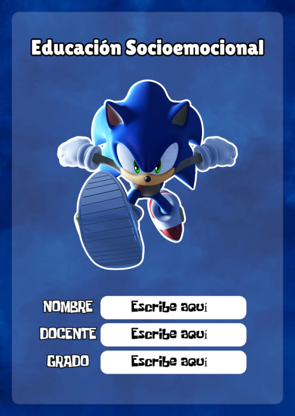 Portada de Sonic de Educación Socioemocional para cuaderno lista para imprimir en A4 - formato digital listo para usar