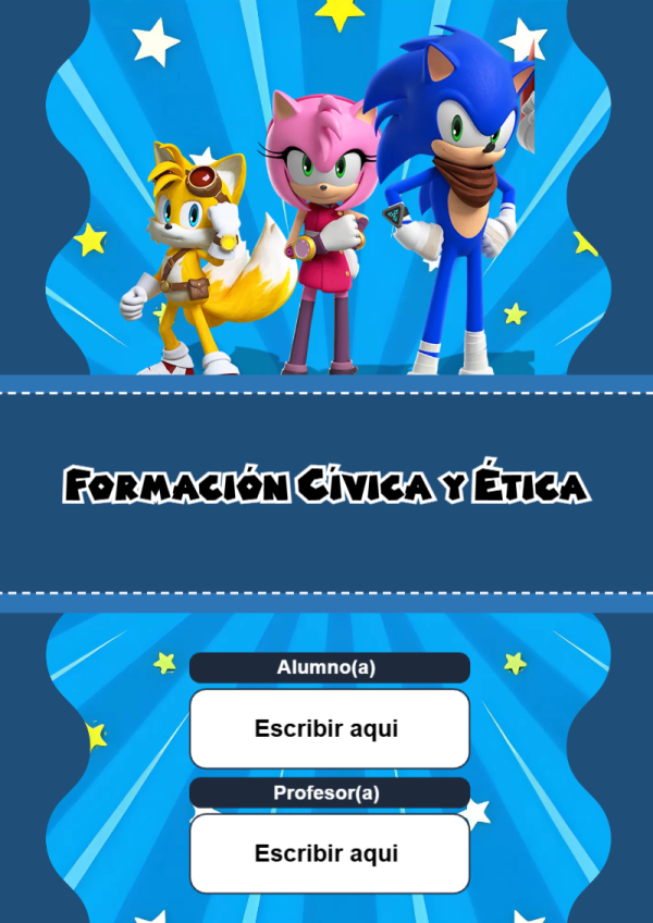 Portada de Sonic de Formación Cívica y Ética para cuaderno en formato A4 - con colores vivos y llamativos