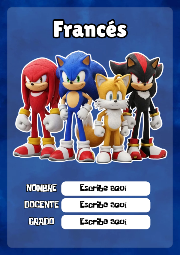 Portada de Sonic de Francés para cuaderno con estilo creativo - para personalizar tus materias