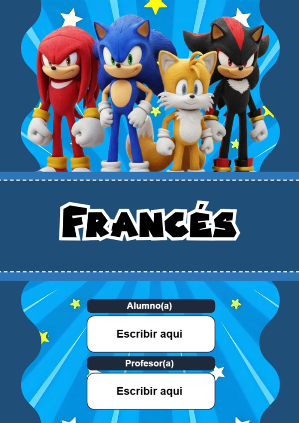 Portada de Sonic de Francés para cuaderno para primaria - diseño exclusivo y original