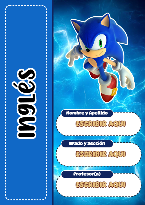 Portada de Sonic de Inglés para cuaderno para primaria - formato digital listo para usar