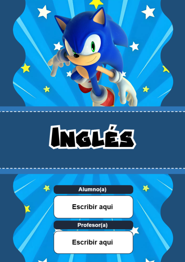 Portada de Sonic de Inglés para cuaderno lista para imprimir en A4 - ideal para el nuevo año escolar