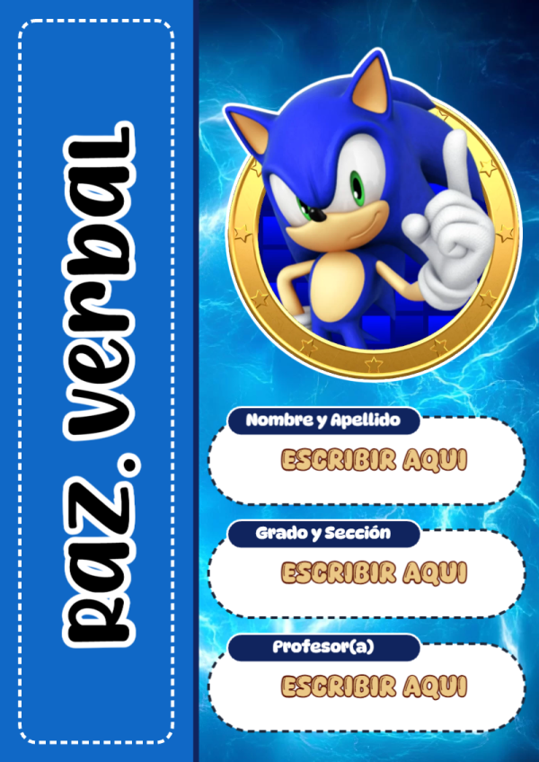 Portada de Sonic de Raz. Verbal para cuaderno para niños de primaria - diseño escolar moderno