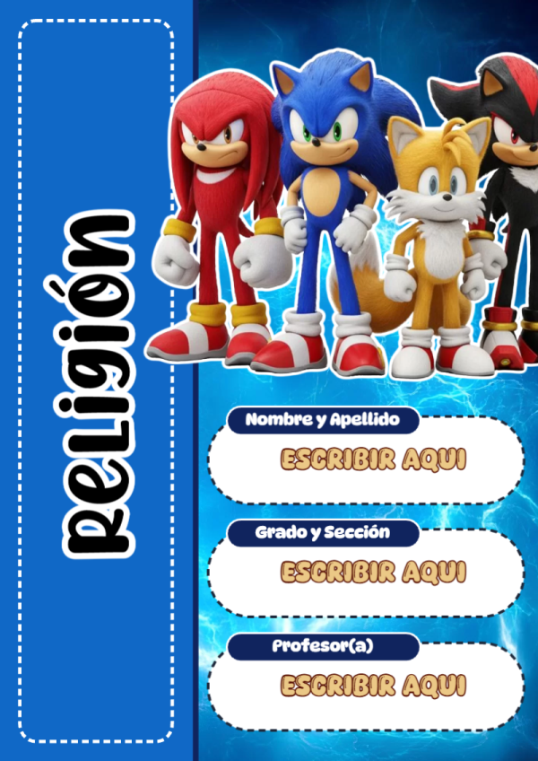 Portada de Sonic de Religión para cuaderno para primaria - con colores vivos y llamativos