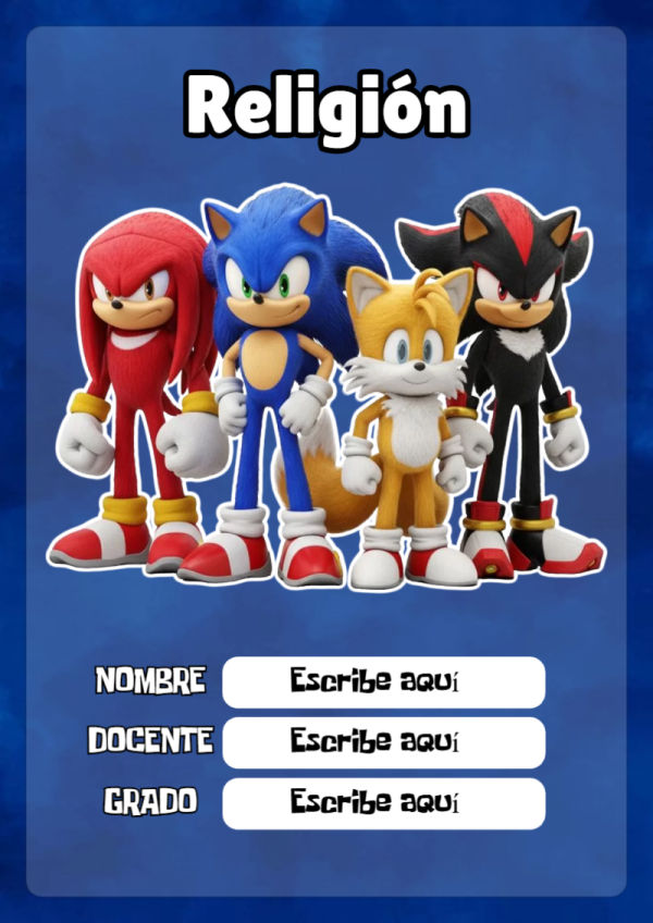 Portada de Sonic de Religión para cuaderno para primaria - para el regreso a clases