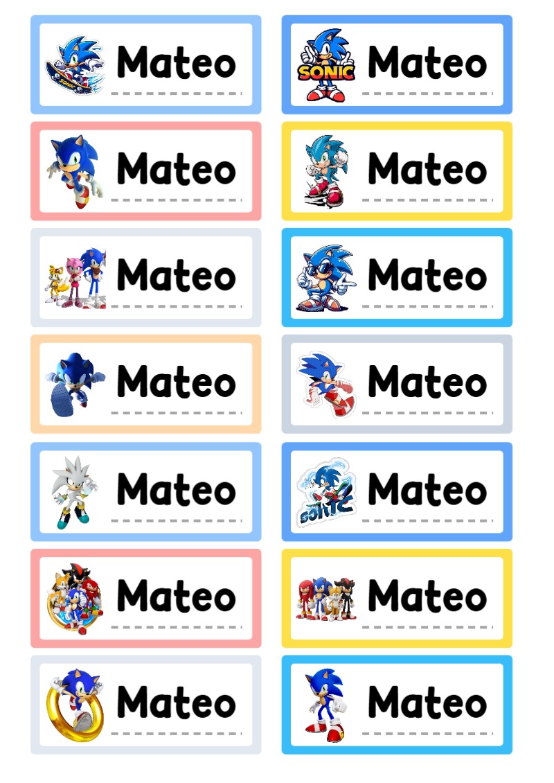 Etiquetas Escolares de SONIC para Imprimir y Editar Gratis